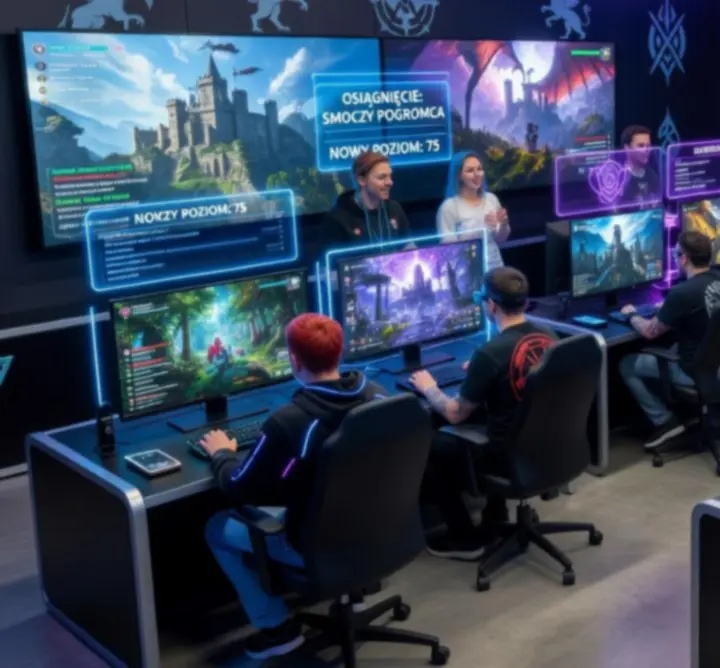 Społeczność graczy online w futurystycznym centrum gamingowym