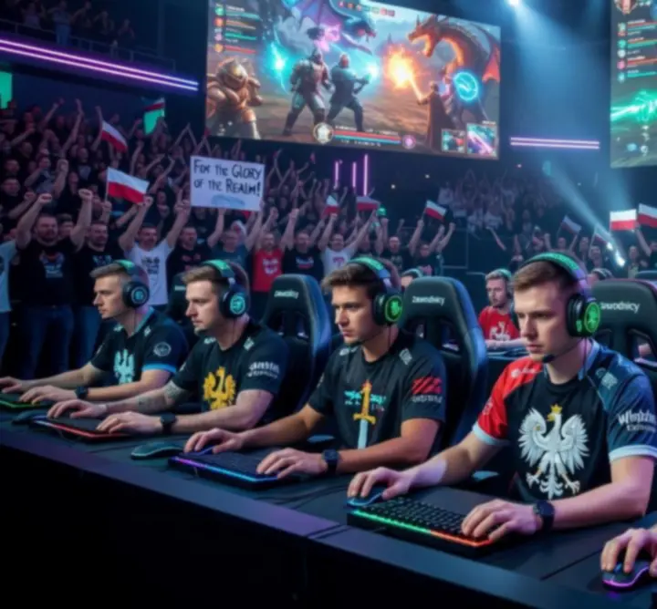 Arena e-sportowa z drużynami w klimacie fantasy i neonowym oświetleniem