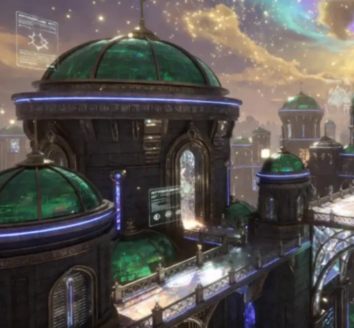 Miasto fantasy z neonową architekturą i klimatycznym oświetleniem