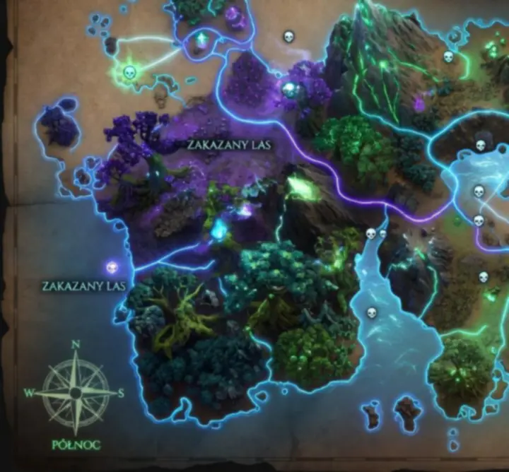 Szczegółowa mapa fantastycznego świata z zaznaczonymi trasami eksploracji