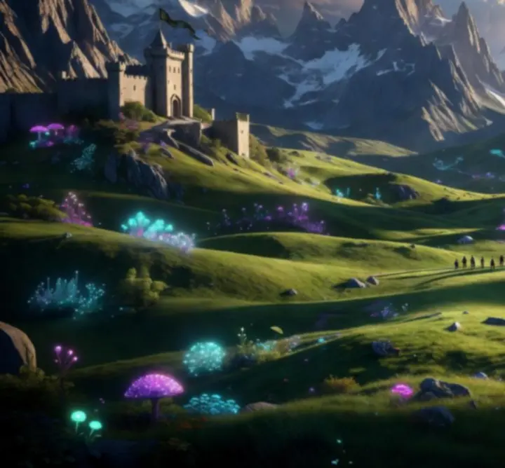 Epicki krajobraz fantasy z górami, zamkiem i magiczną aurą