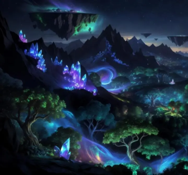Kinowe ujęcie epickiego świata fantasy z górami i magicznym światłem
