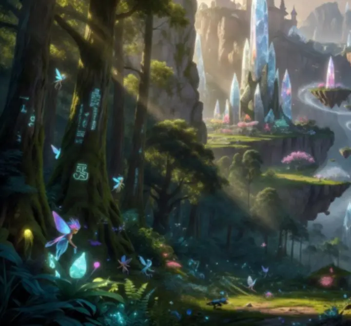Szmaragdowy krajobraz świata fantasy z górami i magicznym światłem