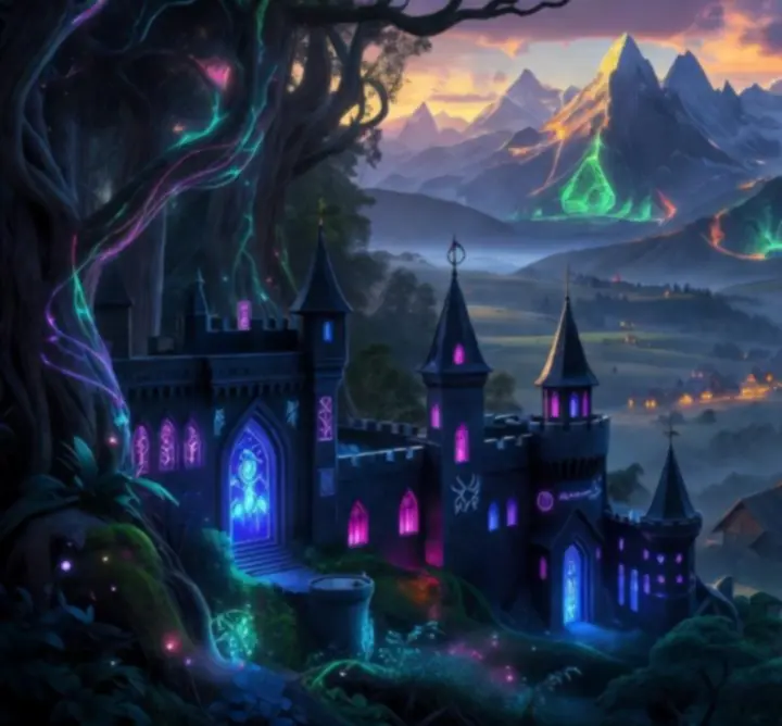 Panorama fantastycznego świata z zamkami, smokami i magiczną aurą