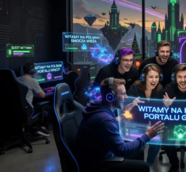 Czarny, futurystyczny portal gamingowy prowadzący do świata fantasy