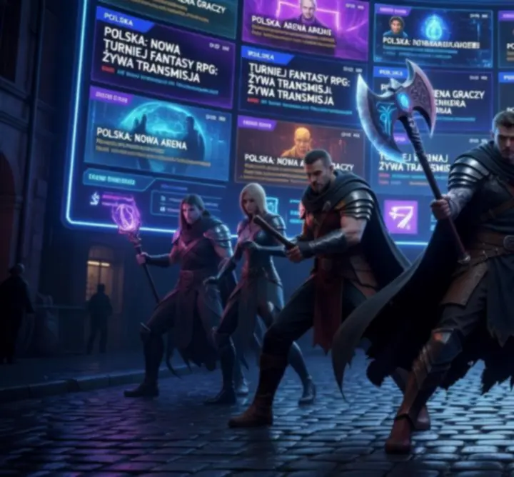 Ciemne fantasy tło z futurystycznym interfejsem gracza i krajobrazem świata gier online