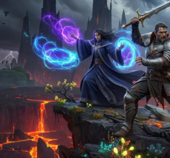 Drużyna bohaterów RPG walcząca w dynamicznej bitwie fantasy