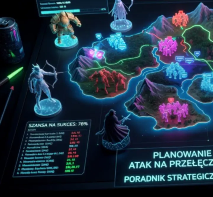 Schematyczna mapa fantasy z zaznaczonymi liniami taktycznymi i punktami kluczowymi