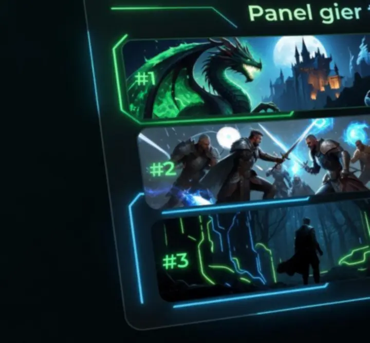 Neonowy interfejs z listą najpopularniejszych gier online tygodnia